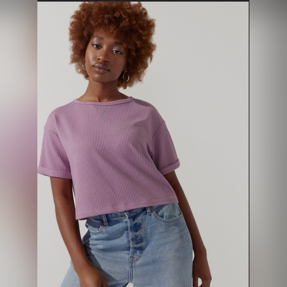 Francesca's Blue Rain Becca Boxy Soft Rib Knit Tee Women's Size Small NWOT - Picture 1 of 16